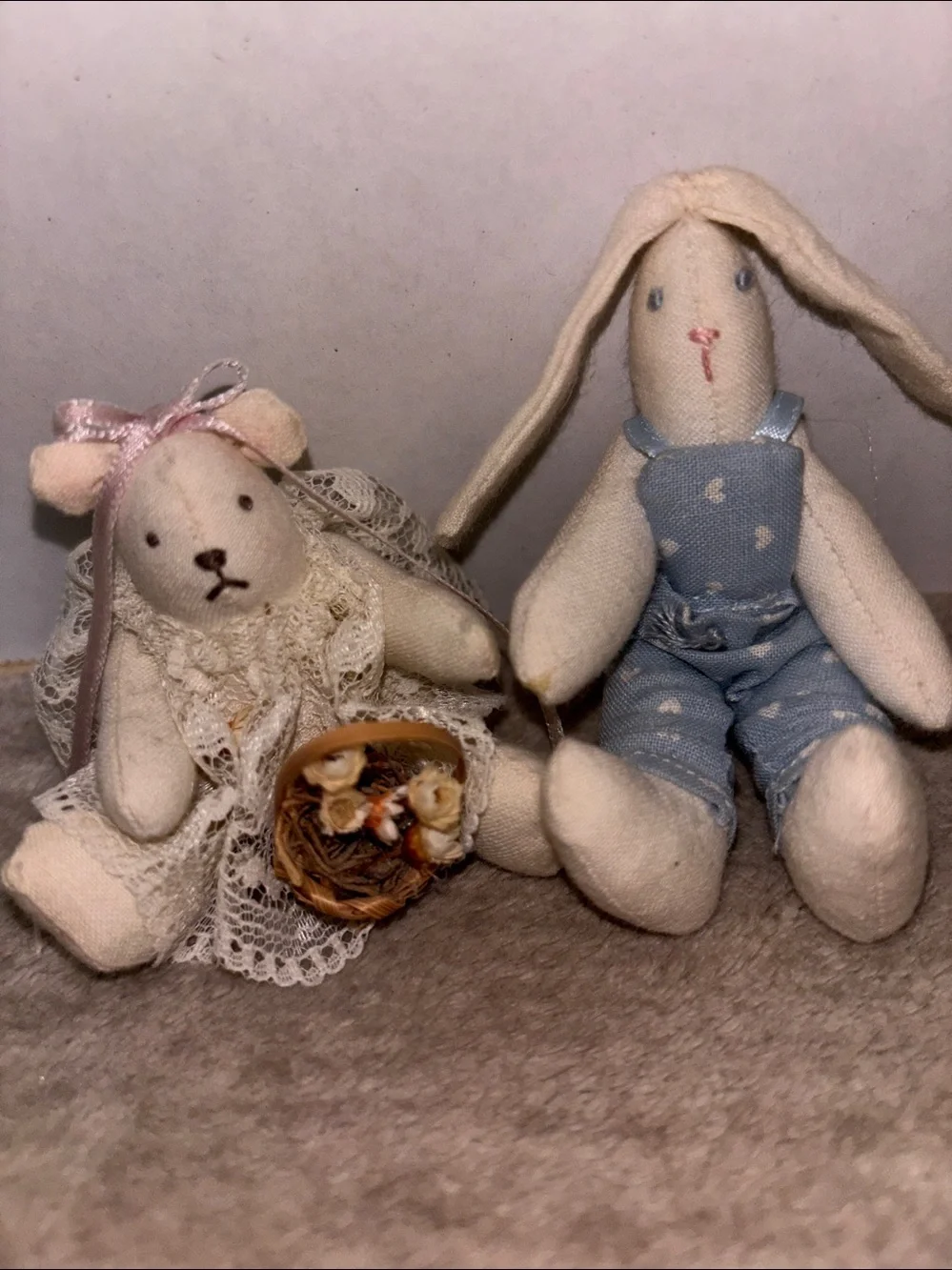 Vintage Tiny Cream Fabric Bunny and Bear cottage core  Overalls basket flowers